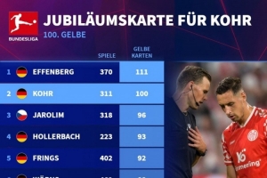 德甲历史黄牌数量排名：埃芬博格111黄居首，D-科尔100黄次席