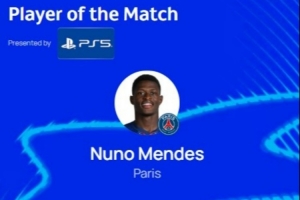 1传1射，欧冠官方：门德斯当选巴黎7-2勒沃库森全场最佳球员