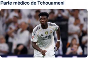 官方：皇马中场琼阿梅尼左腿半腱肌受伤，西媒预计伤缺三周