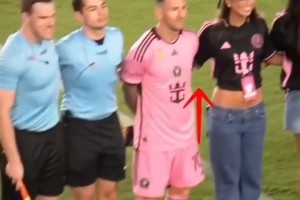 心中无其他女人😂！开场选边时和女明星合影时的梅西